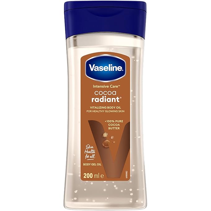 زيت الجسم للعناية المركزة فازلين مع زبدة الكاكاو النقية 100٪ وزيوت التجديد لتوهج متوهج طويل الأمد| زيت جل الجسم غير الدهني لبشرة صحية ومشرقة| 200 مل